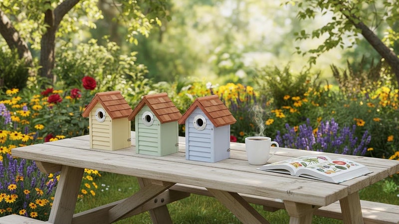 CEDAR ALPHA Bluebird Bird Houses for Outside Clearance - Set of 3 Nest Box with Stainless Steel Predator Guard - Alaskan Red Cedar Shingles Roof - UV Painting - 10 Years Outdoor(Beach Hut Houses) - Image 3